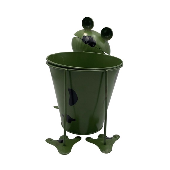 Cute Metal Planter Green‎ Frog W/Spots Wobbly Spring Head Big Eyes Removable Pot - Picture 4 of 9